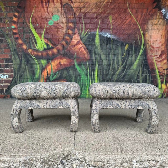 Pair of Oriental Fully Upholstered Beachley Furniture Peacock Ottomans For Sale In Cleveland - Image 6 of 12
