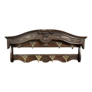 Mid-19th Century French Carved Oak Hanging Shelf With Hooks From Normandy For Sale