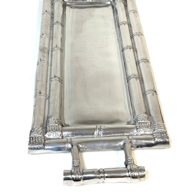 Hollywood Regency Arthur Court Attributed Faux Bamboo Cast Pewter Gallery Tray with Handles For Sale - Image 3 of 10