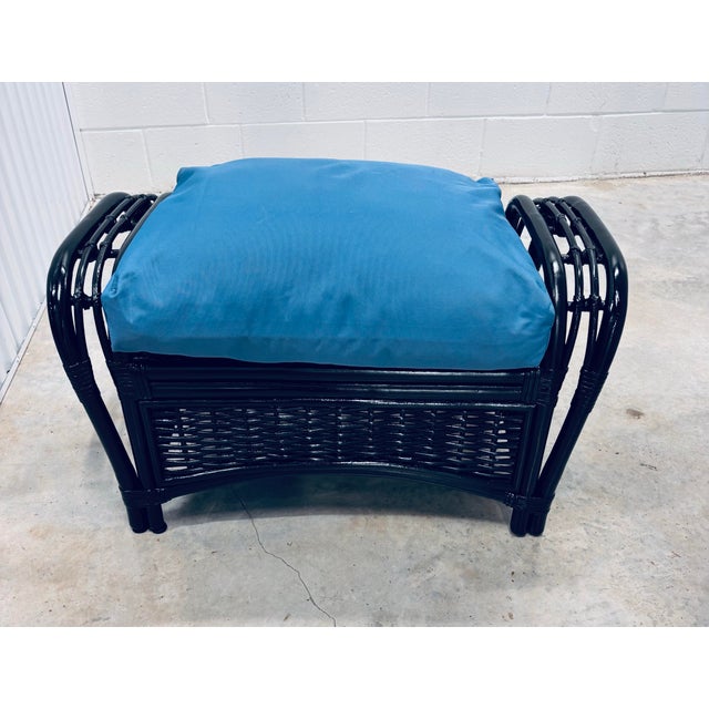 David Francis Black Enameled Rattan Wicker Ottoman. Coordinates With Listed Black Rattan Chairs. For Sale - Image 4 of 7