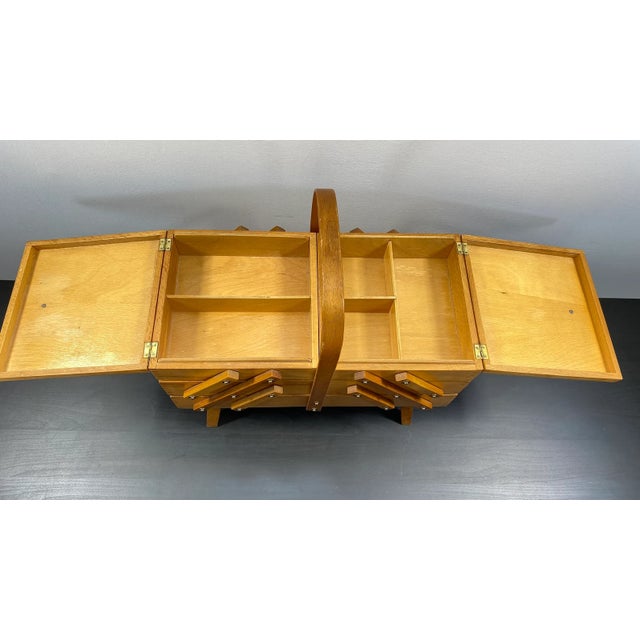 Rustic Vintage Rustic Cantilever Sewing Box Retro Boho Old Desktop Sewing Box Old Cantilever Sewing Storage Old Sewing Storage Old Sewing Box. For Sale - Image 3 of 11