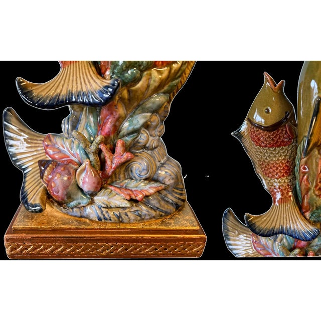 Majolica Leaping Fish Coral Table Lamp For Sale - Image 10 of 11