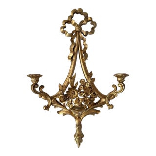 Vintage 1970s Gold Tone Floral Wall Sconce Candle Holder For Sale