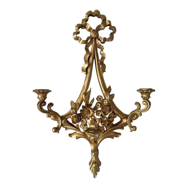 Vintage 1970s Gold Tone Floral Wall Sconce Candle Holder For Sale