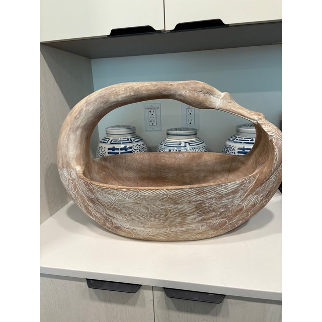 Brown Vintage Hand Carved Wood Swan Basket Whitewashed Coastal Centerpiece For Sale - Image 8 of 8
