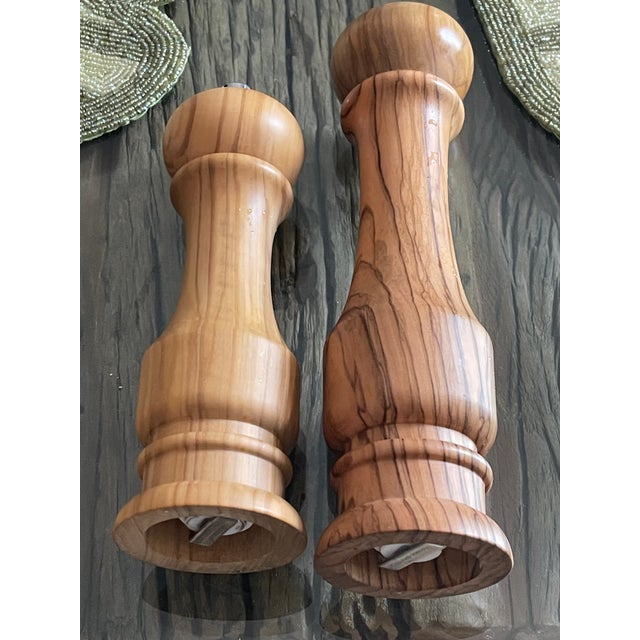 Contemporary 1990s Williams Sonoma Olive Wood Tall Salt and Pepper Shakers For Sale - Image 3 of 5