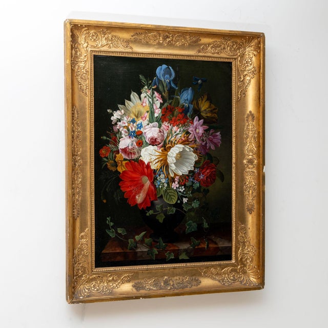 Floral still life in oil on canvas in the style of the Flemish Masters by Friedrich Wilhelm Voelcker (1799-1870) with ivy,...