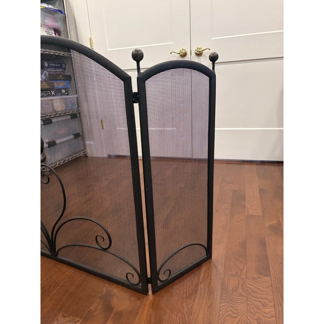 Late 19th Century Vintage Hand-Forged Wrought Iron Fireplace Hearth Set: Contemporary 3-Piece Screen & Pair of Andirons For Sale - Image 5 of 12