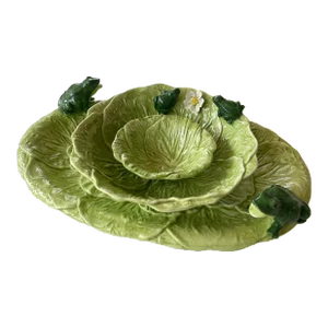 Vintage Valli Cabbage Leaf Serving Plate & Bowls With Frogs & Flowers-3 Pieces