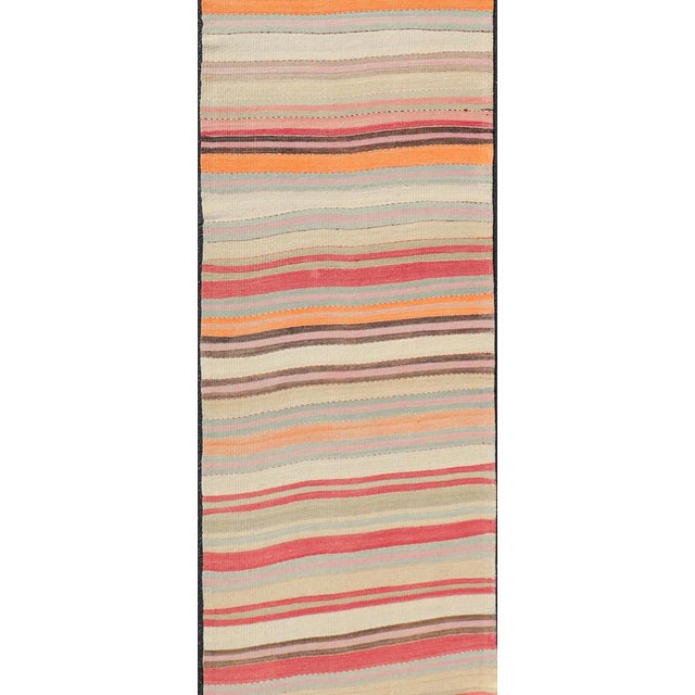 Mid 20th Century Vintage Kilim Runner With Horizontal Stripes in Pastel Vivid Colors For Sale - Image 10 of 12