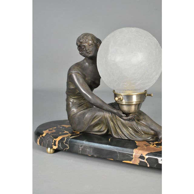 French Art Deco Lamp with Lady and Glass Globe Shade, 1920s For Sale - Image 3 of 16