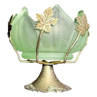 Vintage Brama Frosted Green Art Glass Bowl on Silver-Plated Base For Sale
