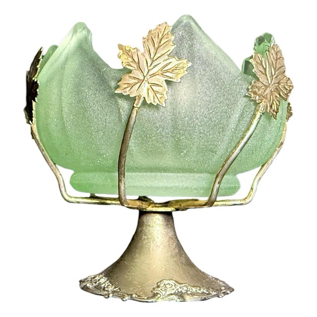 Vintage Brama Frosted Green Art Glass Bowl on Silver-Plated Base For Sale