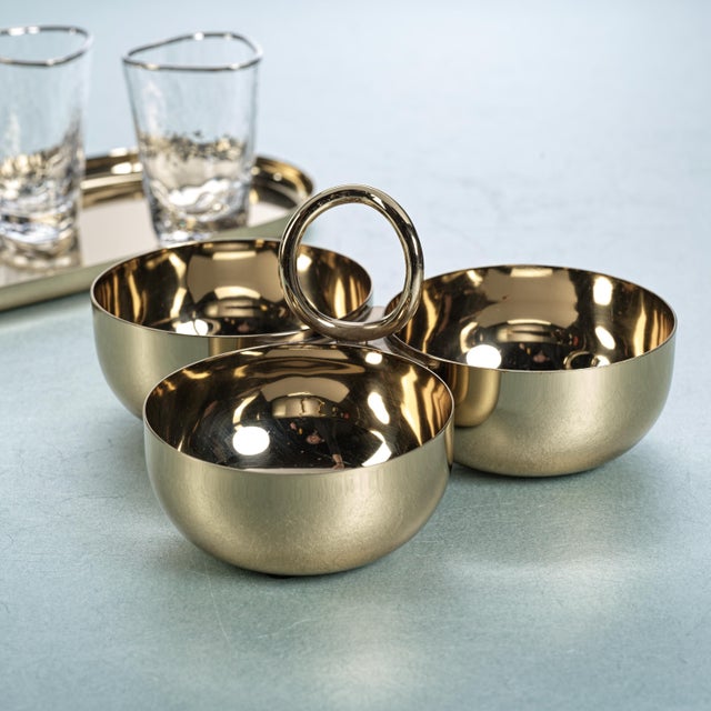 Aperitifs Cocktail Condiment Bowl Set- Polished Gold Polished gold condiment set featuring three bowls arranged on a...