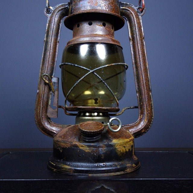 Vintage Rustic Industrial Kerosene Lantern With Green Glass Globe For Sale In Los Angeles - Image 6 of 9
