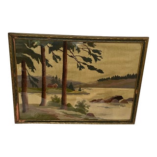 1950s Vintage Swedish Embroidery Country Landscape by the River and Trees, Framed For Sale