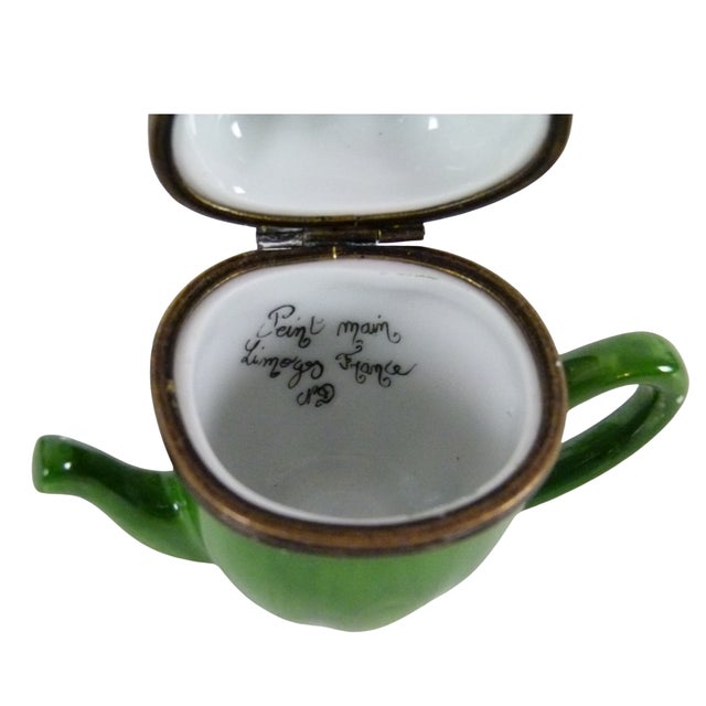 Limoges France Porcelain Green Pepper Tepot Trinket Box | Hand Painted by Jd Artisan Decorating Studio For Sale - Image 9 of 10