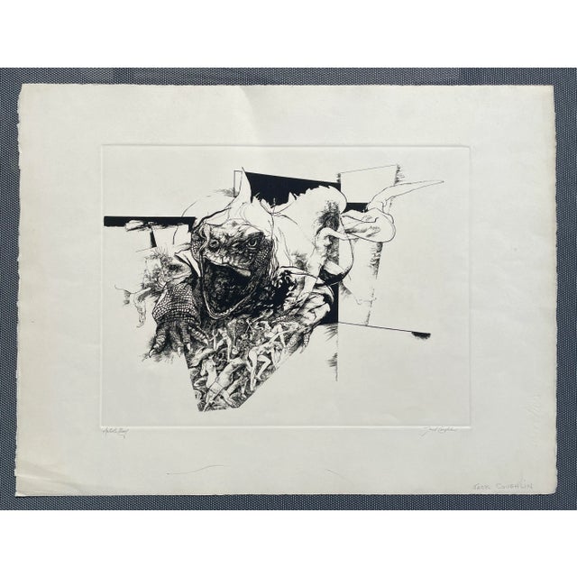 1970s etching by Jack Coughlin (born 1932) of a lizard and female nudes. Pencil signed and marked as an artists proof.