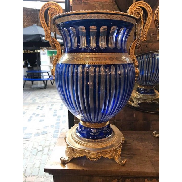 20th Century Bohemian Crystal Urns in Blue, Set of 2 For Sale - Image 4 of 9