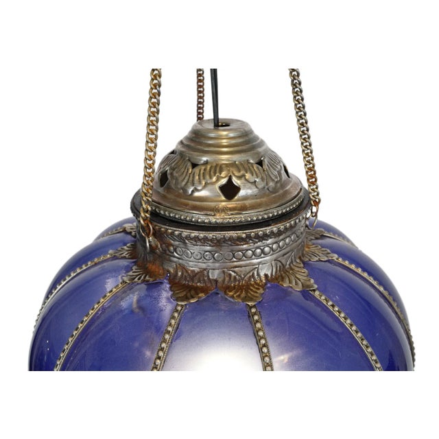 Indian Vintage Indian Blue Glass Pumpkin Pendant Light For Sale - Image 3 of 5