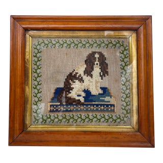 Late 19th Century Spaniel on a Pillow Needlework in Birdseye Maple Frame For Sale