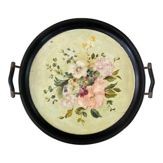Early 20th Century Antique Handpainted Wood Tray With Brass Handles. For Sale
