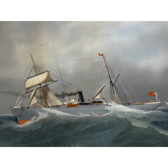Traditional s.s. Shelley Steam Sail Ship in Heavy Seas — Attributed to Lucas Papaluca Early 20th Century Neapolitan Marine Painting | Gouache on Paper | Framed For Sale - Image 3 of 18