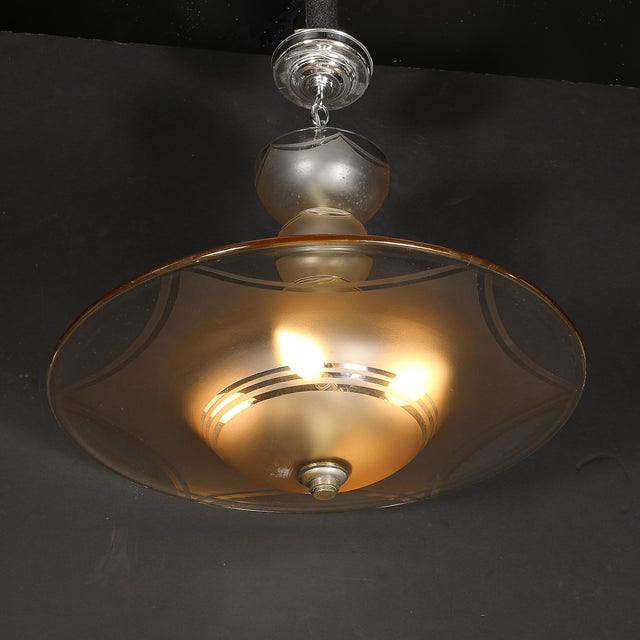 1930s Art Deco Signed Daum Frosted Rose-Hue Saucer-Form Pendant Chandelier For Sale - Image 17 of 18