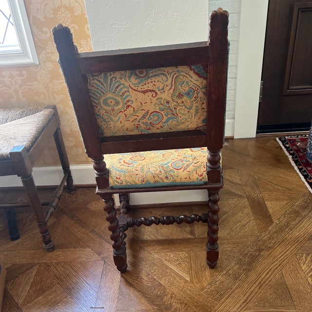 Brown Late 19th Century Pair (2) Carved Oak Lion Heads Twisted Legs Modern Upholstery English Jacobean Revival Side Chairs For Sale - Image 8 of 12