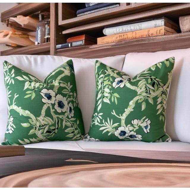 Thibaut Pair of Thibaut Fabrics Yukio Chinoiserie Green and Blue Pillow Covers For Sale - Image 4 of 6