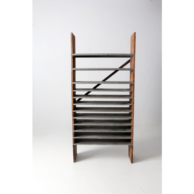 Vintage Wood & Galvanized Metal Shelf Rack For Sale - Image 6 of 12