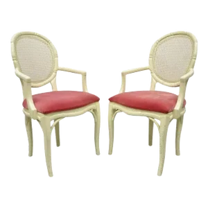 Late 20th Century Vintage Hollywood Regency White Faux Bois Bamboo Cane Back Arm Chairs - a Pair