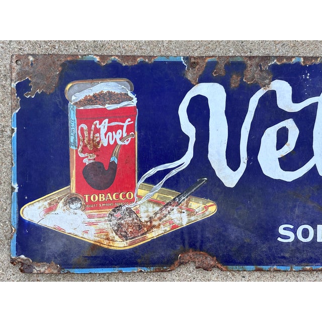 Rare & Original Velvet Smoking Tobacco Porcelain Sign for your consideration. The sign measures approx. 39 inches long and...