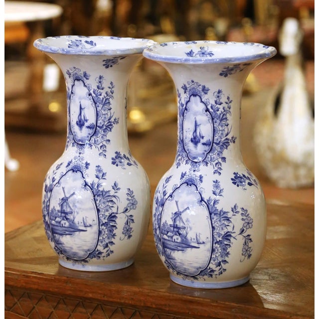 Pair of Early 20th Century Dutch Delft Faience Vases With Sailboats & Windmills For Sale In Dallas - Image 6 of 11