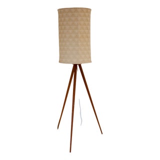 Large Scandinavian Teak Tripod Floor Lamp with Drawn Thread Embroidery Shade For Sale