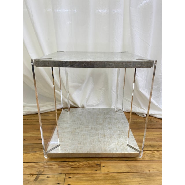 Lennox square end table by Sherrill Occasional featuring an acacia wood top and base finished in a gold leaf, connected by...