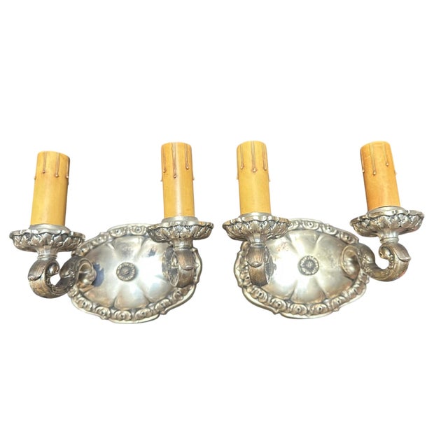Art Nouveau Pair Old Silver Plate Cast Iron and Brass Sconces, Circa 1920 For Sale - Image 3 of 6