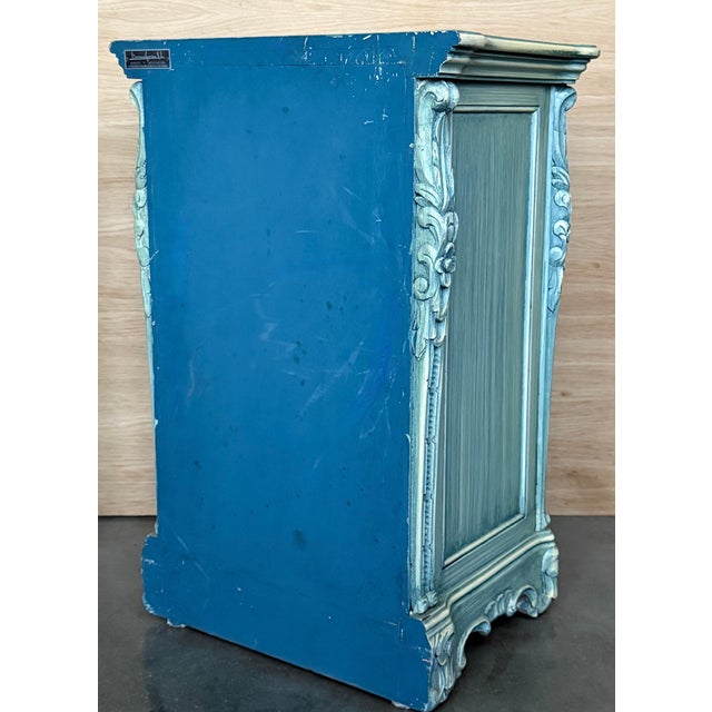 1950s Pair of Solid Wood Carved Turquoise Nightstands With Five Drawers, Signed For Sale - Image 13 of 13