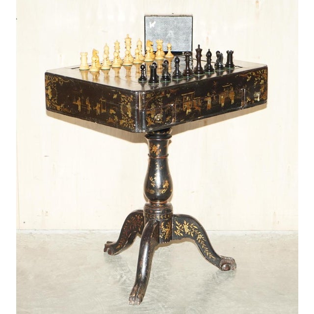Antique Georgian circa 1820 gold gilt and lacquered Chinese Chinoiserie Chessboard and backgammon games table. The...