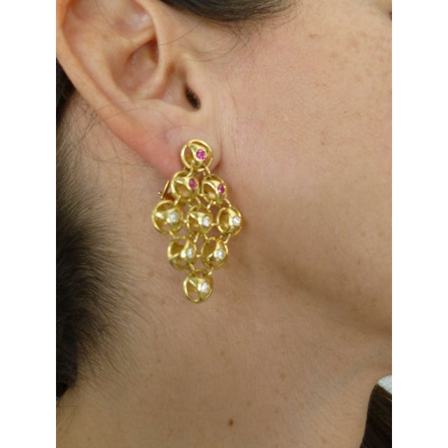 French 18 Karat Gold, Ruby and Diamond Chandelier Lever Back Pierced Earrings - 2 Pieces For Sale - Image 4 of 12