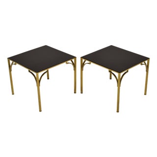Pair of Brass Side Tables with Black Glass Tops For Sale