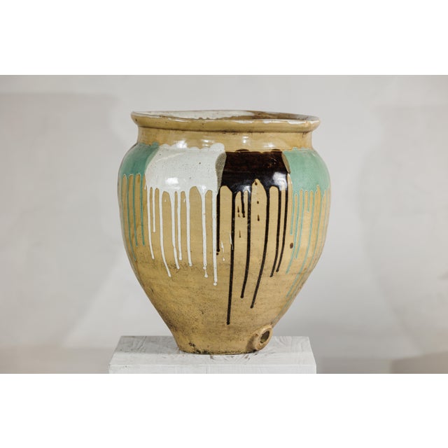 Large Antique Japanese Drip-Glazed Stoneware Jar with Multicolor Runs For Sale - Image 4 of 18