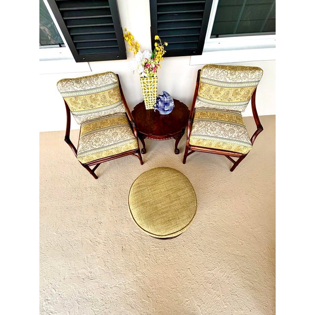 Mid-Century Modern 2 Professionally Refurbished McGuire Target Back Rattan Lounge Chairs With Ottoman. Upholstered in Vintage Original Green and Blue For Sale - Image 3 of 12