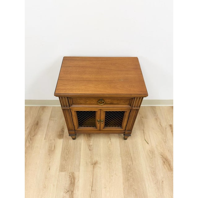 MCM Transitional Nightstand With Iron Grate Doors Single Drawer Vintage Ornate For Sale - Image 4 of 10