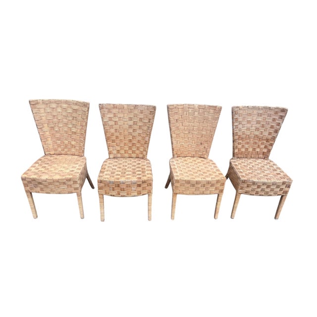 Set of four Donghia style dinning chairs sturdy and strong with excellent joinery and craftsmanship good wear consistent...