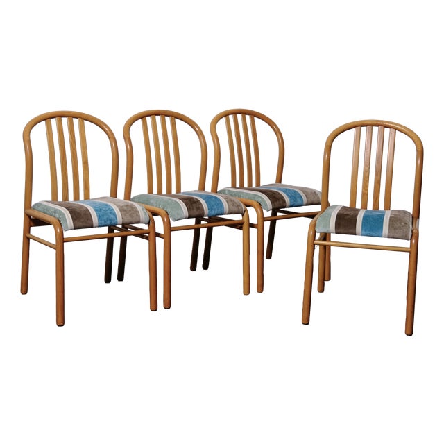 Vintage Wooden and Fabric Chairs, 1970s, Set of 4 For Sale