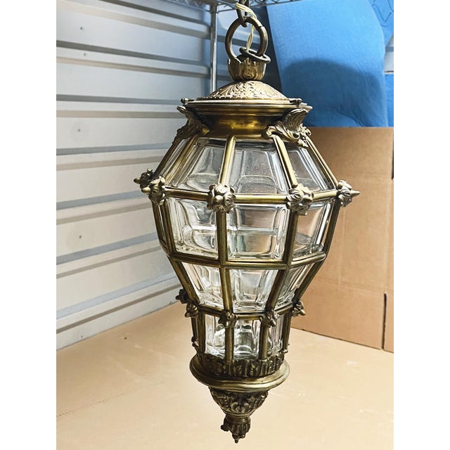 Early 20th Century Brass & Beveled Glass Lantern Pendant Light For Sale - Image 4 of 10