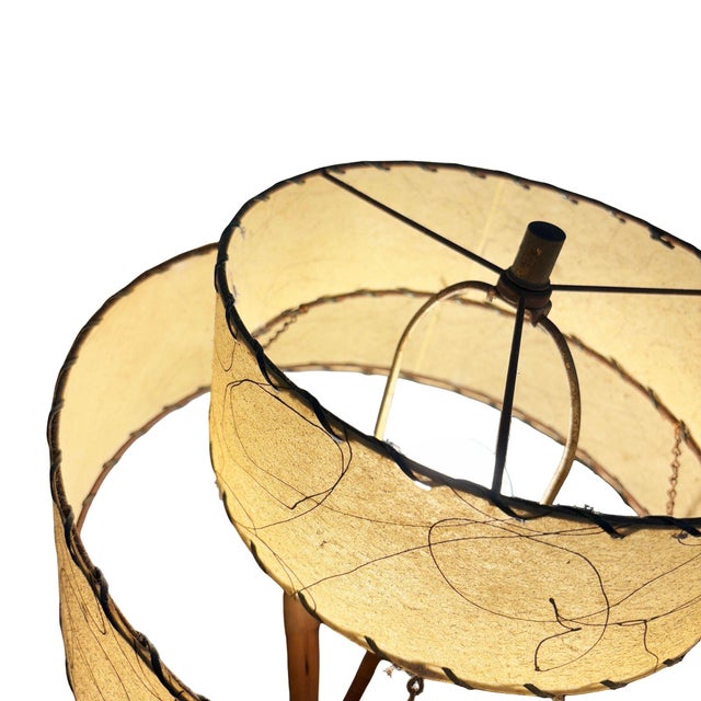 Yellow 1950s Restored Hourglass Palm Shaped Rattan & Mahogany Lamp W/ Whipple Stitch Shade For Sale - Image 8 of 10