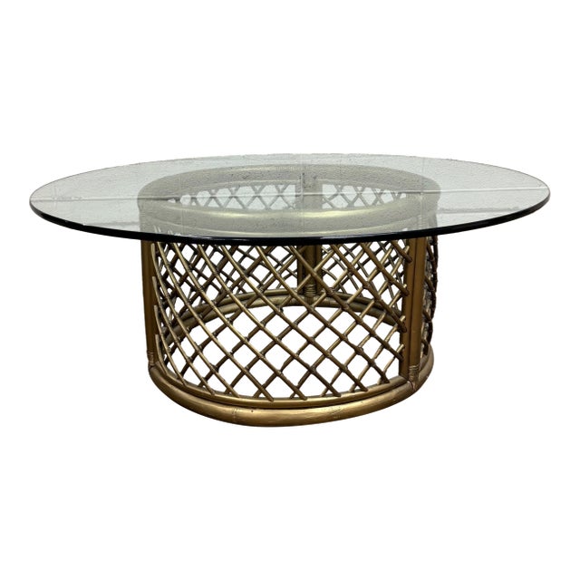 Vintage Boho Style Rattan and Glass Round Coffee Table Cocktail Table For Sale