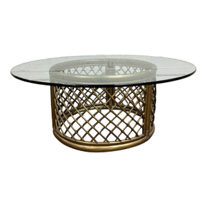 Vintage Boho Style Rattan and Glass Round Coffee Table Cocktail Table